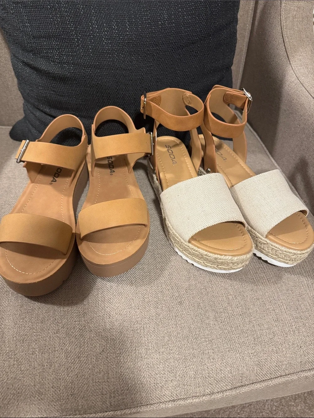 Two pair of Soda Sandals. Tan and Cream Wedge Sandals and Tan Wedge Sandals - Picture 1 of 9